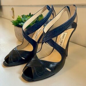 Jimmy Choo Black Watersnake & Kid Leather Disco Sandals 37.5